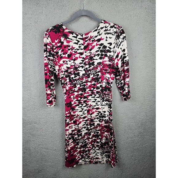 Rena Lange Pink Black White Abstract Print Dress US 12 EU 38 Ruched V Neck Chic - Picture 2 of 13